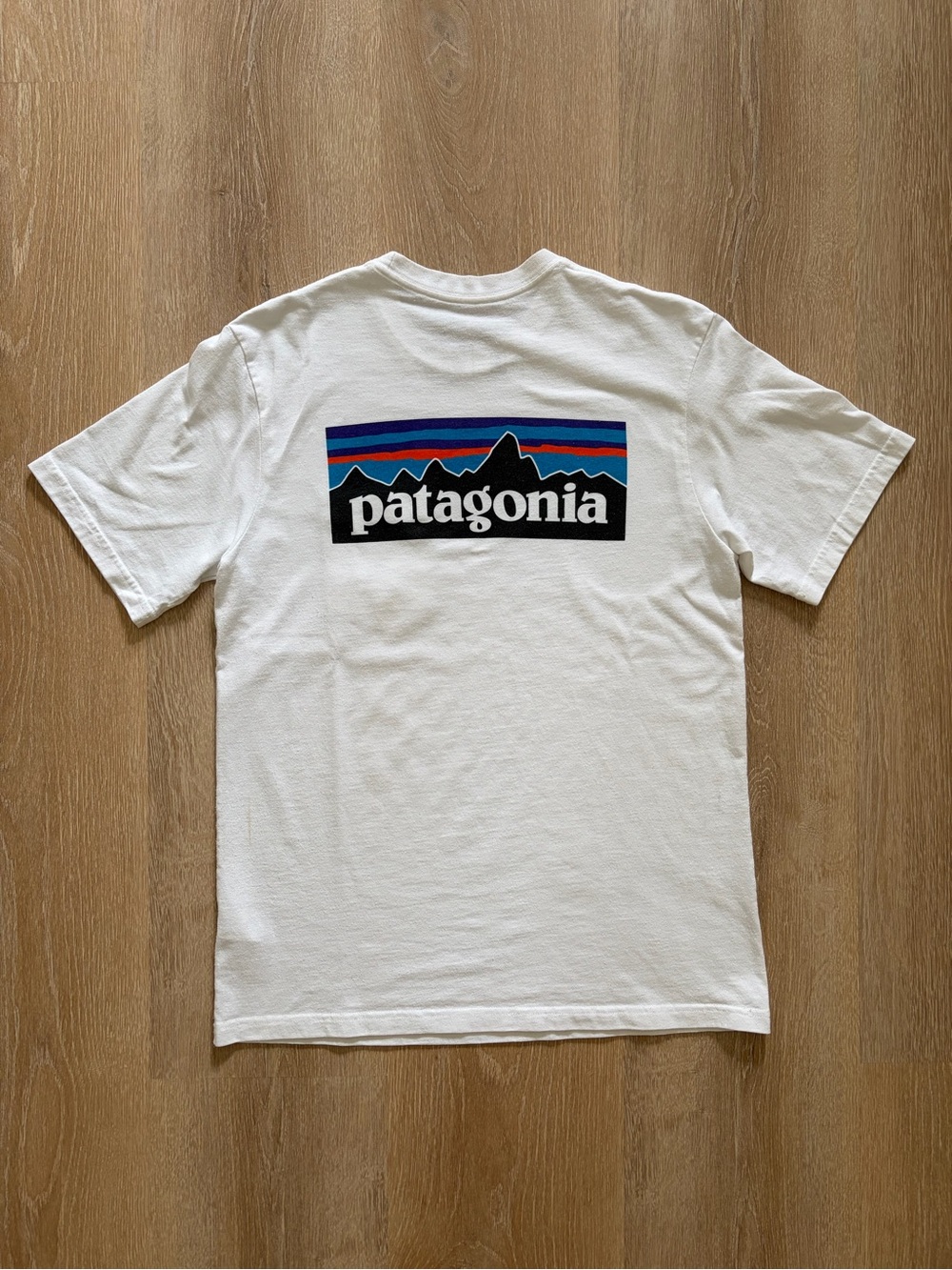 Patagonia White Short-Sleeve Tee with Multi-Color Mountain Logo